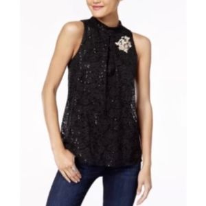 BCX Women's Black Lace Sequin Holiday Blouse NWT